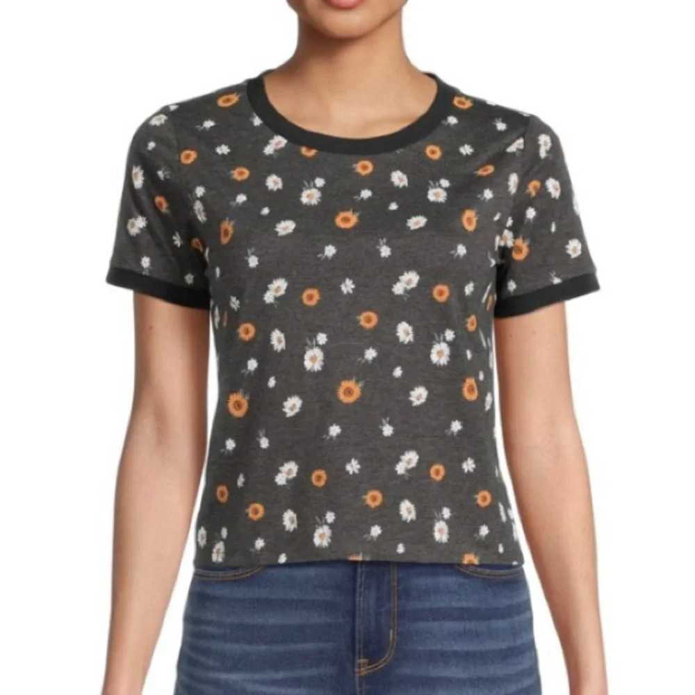 Floral Ringer Tee Charcoal Short Sleeve Girls Juniors Crop Large (11-13) NEW - Picture 1 of 16